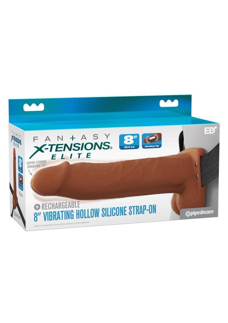 Fantasy X-Tensions Elite Vibrating Rechargeable Silicone Dual Density Hollow Strap-On 8in - Caramel