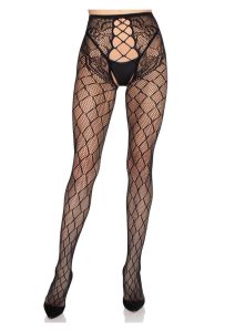 Leg Avenue Faux Layer Net Tights with Crotchless Floral Panty - O/S - Black