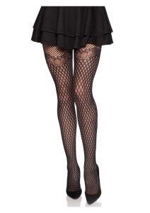 Leg Avenue Gilded Grid Net Tights with Bow Lace Top - O/S - Black