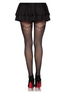 Leg Avenue Gilded Grid Net Tights with Bow Lace Top - O/S - Black