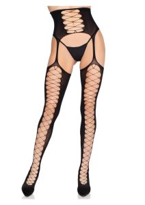 Leg Avenue Opaque Faux Lace-Up Stockings with Attached Waist Cincher Garter Belt - O/S - Black