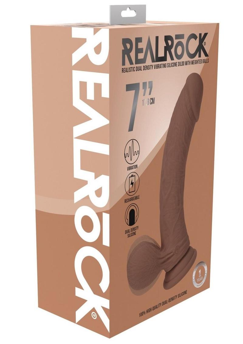 RealRock Rechargeable Silicone Dual Layered Vibrating Curved Dildo with Weighted Balls 7in - Caramel