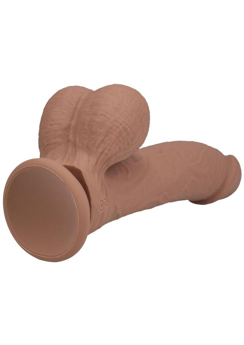 RealRock Rechargeable Silicone Dual Layered Vibrating Curved Dildo with Weighted Balls 7in - Caramel - Image 4