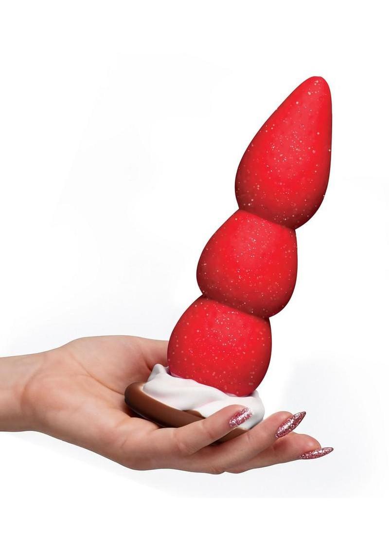Simply Sweet Strawberry Sweet Cream Premium Silicone Dildo 7.8in - Red/White - Image 4