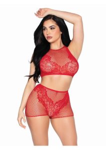 Leg Avenue Net and Lace Crop Top and Matching Boy Shorts (2 Piece) - OS - Red