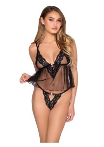 Leg Avenue Lace Trimmed Sheer Babydoll with Rosette Accent and Matching Lace Panty (2 Piece) - Large - Black