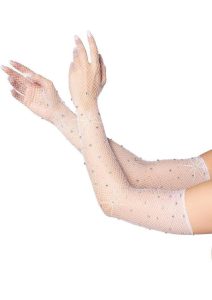 Leg Avenue Rhinestone Fishnet Opera Length Gloves - OS - White