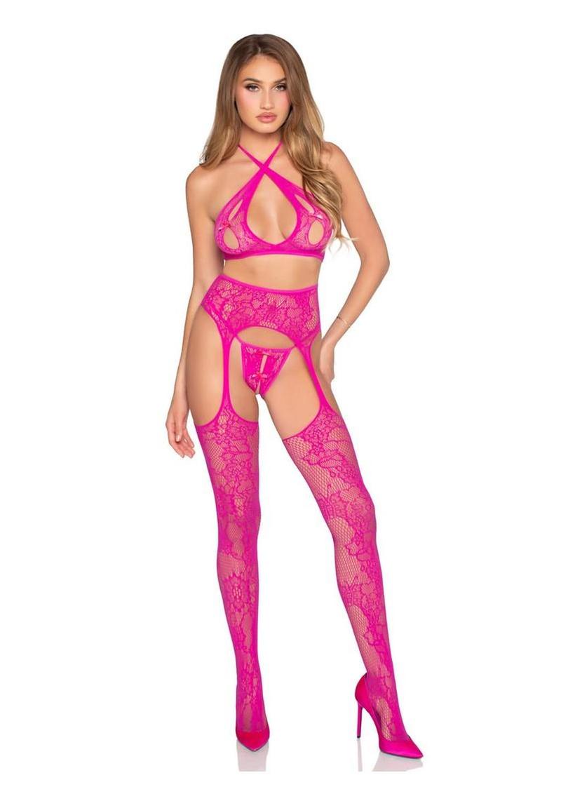 Leg Avenue Lace Open Cup Cross-Over Bra Top Crotchless Panty and Garter Belt Stockings (3 Piece) - OS - Magenta - Image 3
