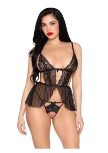 Leg Avenue Scalloped Lace and Mesh Babydoll and Matching Crotchless Panty (2 Piece) - Small - Black