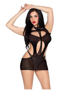 Leg Avenue Opaque Cut-Out Mini Dress and Layered Fishnet Halter Teddy (2 Piece) - O/S - Black