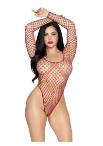 Leg Avenue High-Cut Industrial Net Bodysuit - O/S - Burgundy
