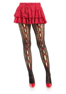 Leg Avenue Sweetheart Striped Net Tights with Keyhole and Mini Bow Detail - O/S - Black/Red