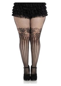 Leg Avenue Illusion Lace Top Net Striped Tights - 1X/2X - Black