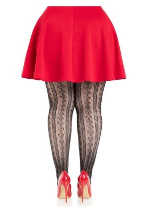 Leg Avenue Sweetheart Striped Net Tights with Keyhole - 1X-2X - Black/Red