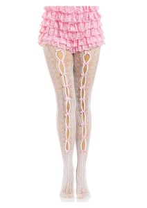 Leg Avenue Sweetheart Striped Net Tights with Keyhole and Mini Bow Detail - O/S - White/Pink