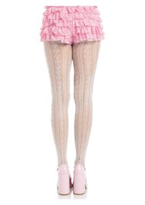 Leg Avenue Sweetheart Striped Net Tights with Keyhole and Mini Bow Detail - O/S - White/Pink
