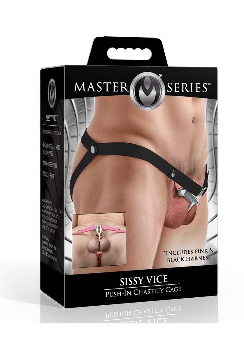 Master Series Sissy Vice Push-In Chastity Cage - Silver/Black