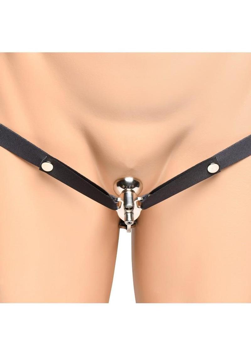 Master Series Sissy Vice Push-In Chastity Cage - Silver/Black - Image 3