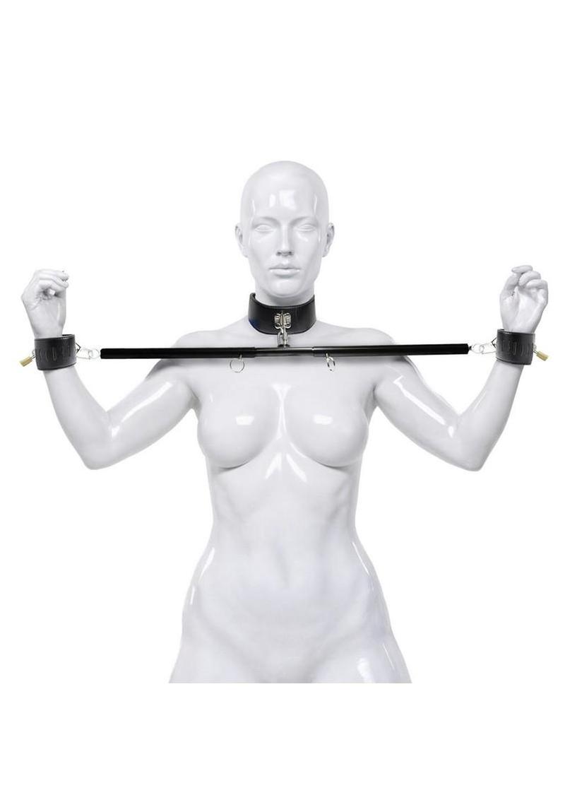 Master Series Dominion Bar Stainless Steele Spreader Bar with Collar and Restraints - Black/Silver - Image 3