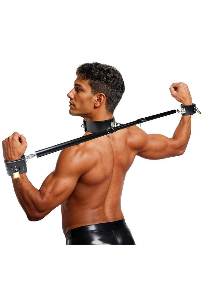 Master Series Dominion Bar Stainless Steele Spreader Bar with Collar and Restraints - Black/Silver - Image 4