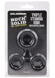Rock Solid Silicone Triple Stamina Cock Ring with Metal Beads - Black