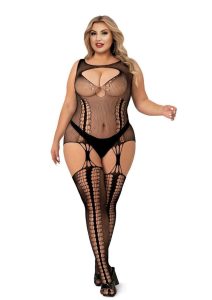 Lapdance Lingerie Keyhole Suspender Hose Bodystocking - Queen Size - Black