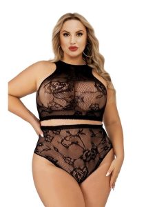 Lapdance Lingerie Crop Top and High Waist Hot Pants (2 Piece) - Queen Size - Black