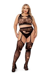 Lapdance Lingerie Crop Top and Garter Hose Set (2 Piece) - Queen Size - Black