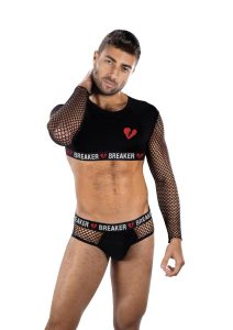 Envy Menswear Heartbreaker Mesh Crop Top and Briefs Set - OS - Black