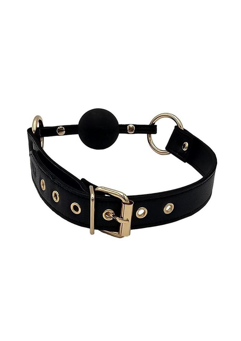 Leather Ball Gag with Gold Accessories - Black/Gold - Image 3