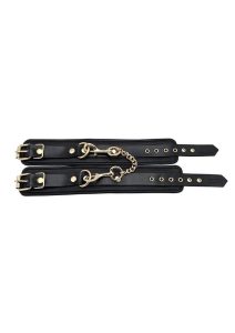 Leather Plain Wrist Cuff with Gold Accessories - Black/Gold