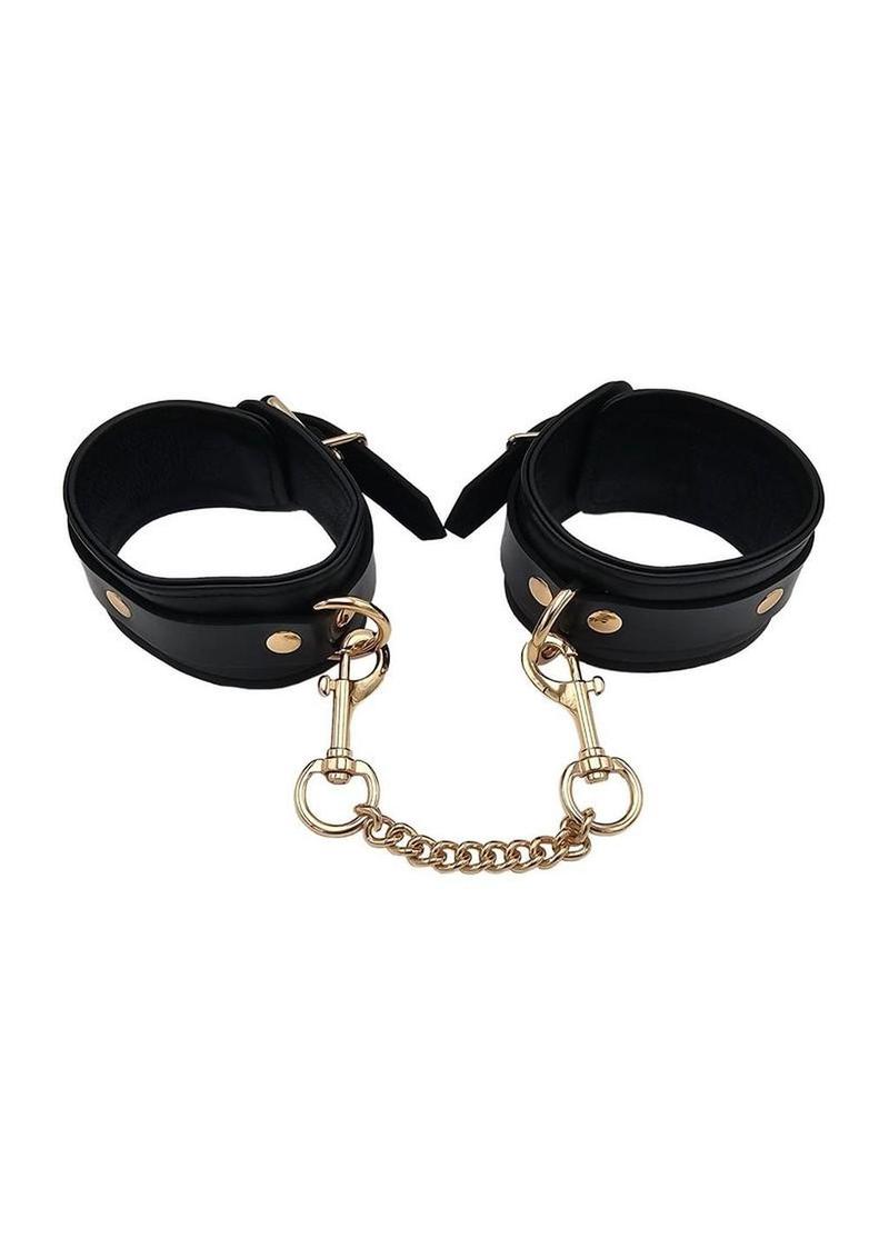 Leather Plain Wrist Cuff with Gold Accessories - Black/Gold - Image 3
