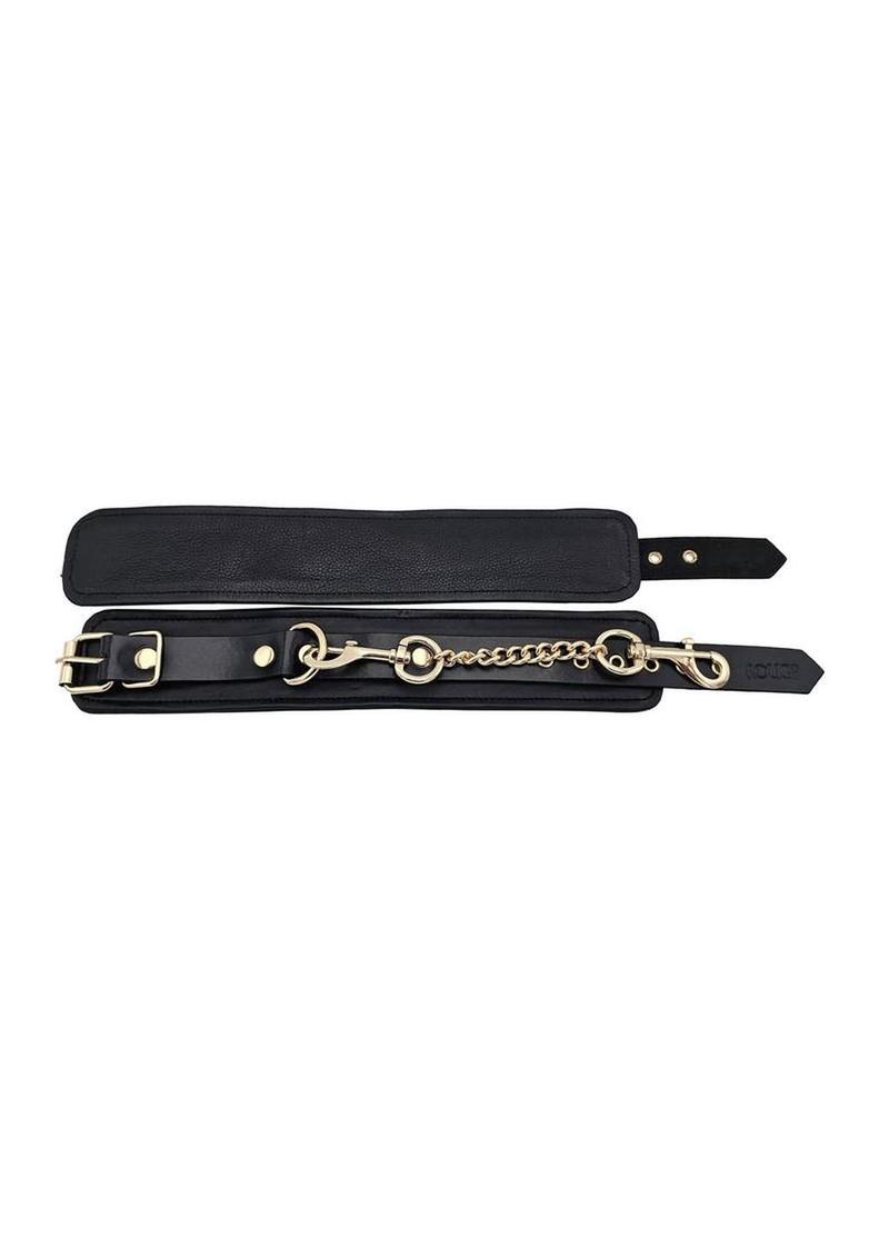 Leather Plain Wrist Cuff with Gold Accessories - Black/Gold - Image 4