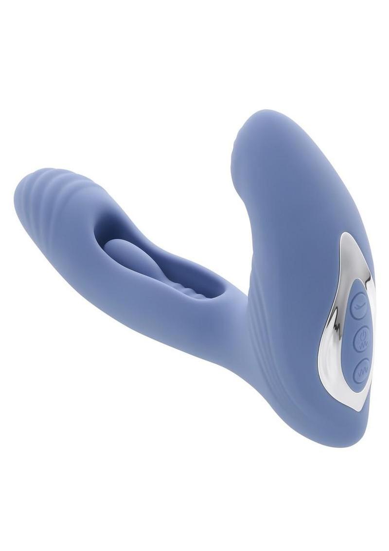 Gender X Flapjack Rechargeable Silicone Vibrating Dildo With Clitoral Stimulator - Blue - Image 3