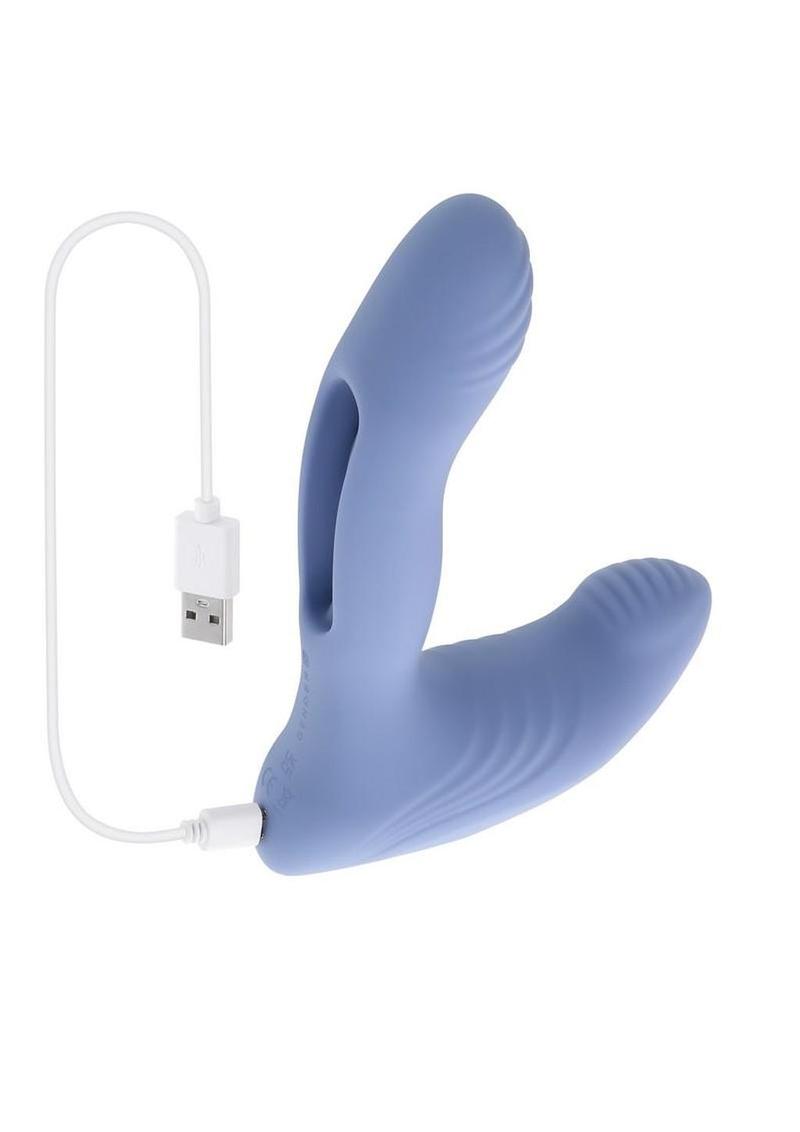 Gender X Flapjack Rechargeable Silicone Vibrating Dildo With Clitoral Stimulator - Blue - Image 4