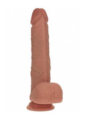 RealRock Dual Layered Silicone Realistic Vibrating Thrusting Dildo with Balls and Suction Cup 8in - Caramel