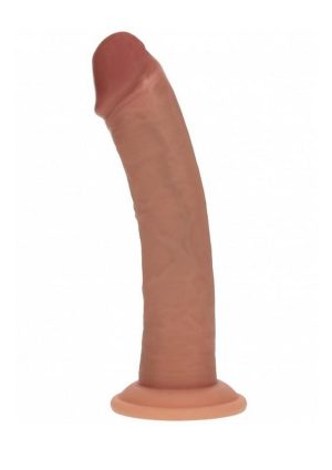 Realrock Dual Layered Rechargeable Silicone Curved Realistic Vibrating Dildo with Suction Cup 8in - Caramel