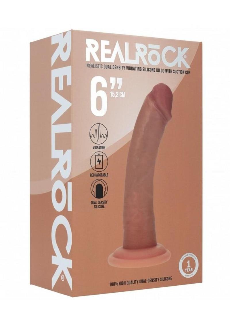 Realrock Dual Layered Rechargeable Silicone Curved Realistic Vibrating Dildo with Suction Cup 6in - Caramel
