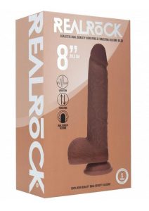 RealRock Dual Layered Silicone Realistic Vibrating Thrusting Dildo with Balls and Suction Cup 8in - Chocolate