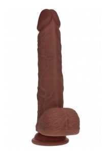 RealRock Dual Layered Silicone Realistic Vibrating Thrusting Dildo with Balls and Suction Cup 8in - Chocolate