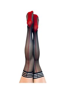 Kixies Ginny Sheer with Back Seamed Thigh Highs - Size B/Medium - Black/Red