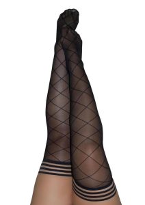 Kixies Anna Sheer Diamond Pattern Thigh Highs - Size D/XLarge - Black