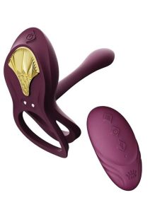 Zalo Bayek Rechargeable Silicone App Compatible Vibrating Couples Ring - Purple/Gold