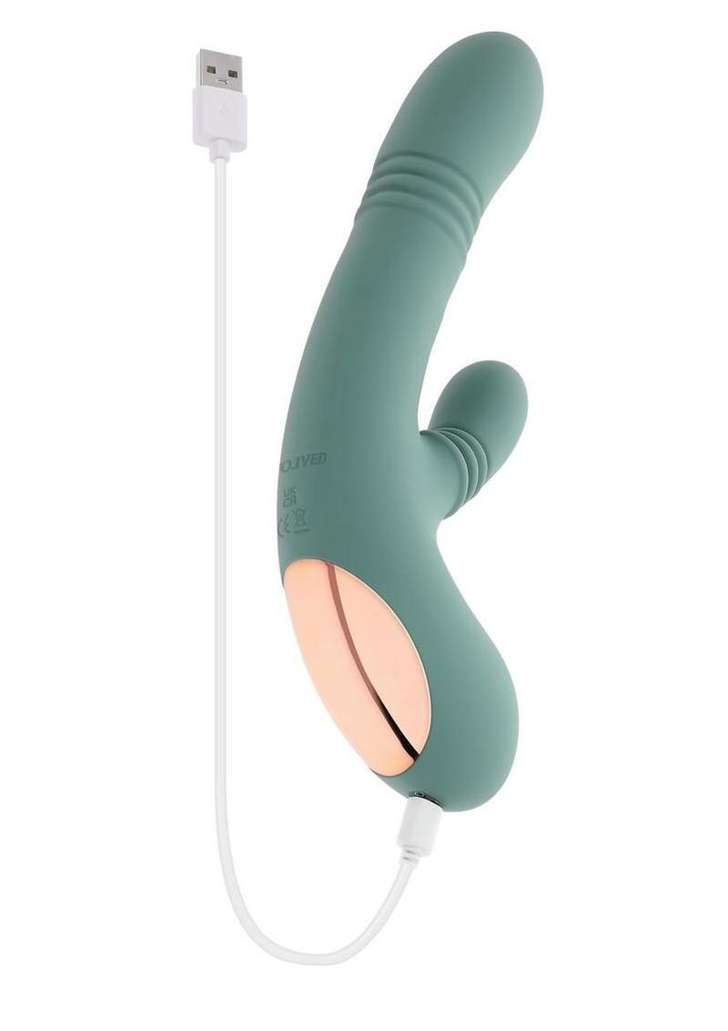Rub Me Tender Rechargeable Silicone Thrusting Vibrator with Clitoral Stimulation - Green - Image 3