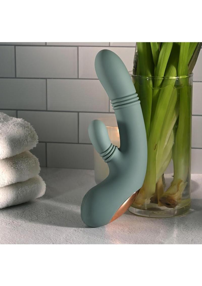 Rub Me Tender Rechargeable Silicone Thrusting Vibrator with Clitoral Stimulation - Green - Image 4