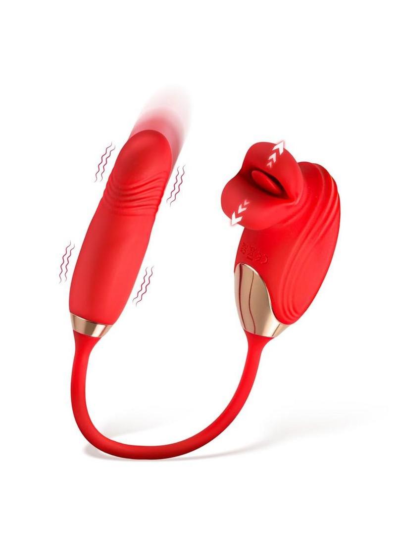 Lickgasm Bliss Kiss Rechargeable Silicone Kissing Clitoral Stimulator with Thrusting Vibrator - RedGold