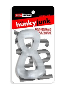 Hunkyjunk Boomerang Silicone Double-Ring Cockring and Nut-Tugger - Clear Steam