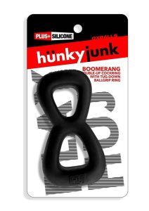Hunkyjunk Boomerang Silicone Double-Ring Cockring and Nut-Tugger - Black Fog