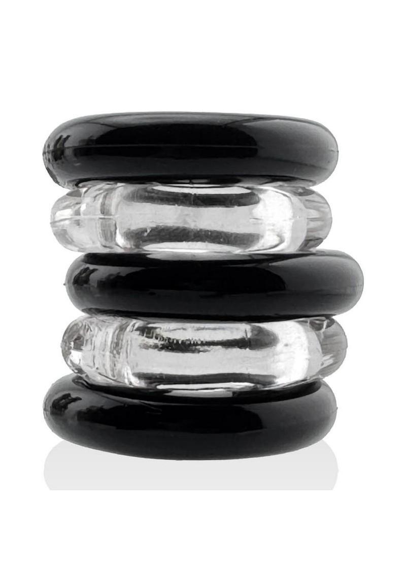 Hunkyjunk Jacker 5 Stack Super-Strong Cockrings (5 Pack) - Clear/Black