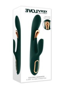 Golden Goddess Rechargeable Silicone Vibrator with Clitoral Stimulator - Green